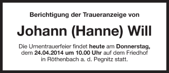 Traueranzeige von Johann Will von Pegnitz-Zeitung
